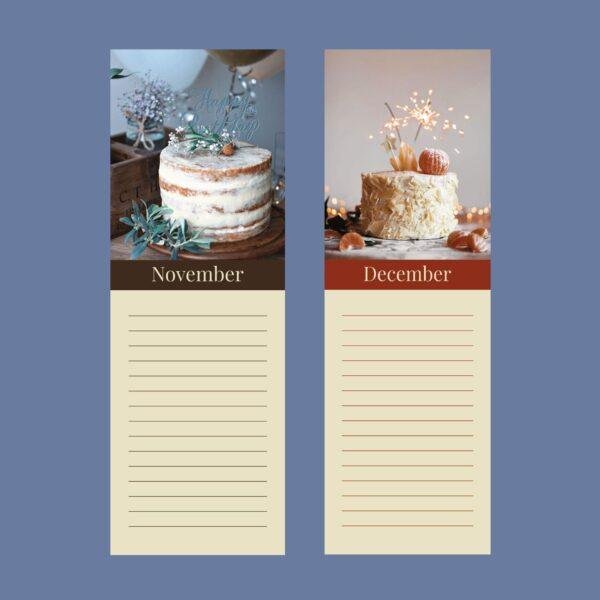November and December cake-themed notepad pages with lined sections