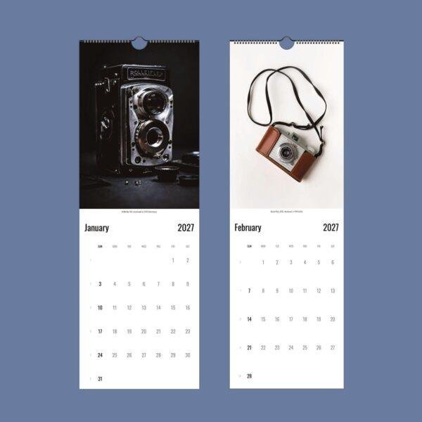 2027 wall calendar featuring vintage Rolleiflex and Kodak cameras