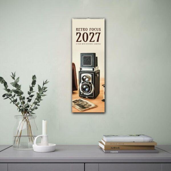 Retro Focus 2027 historic cameras wall calendar displayed indoors