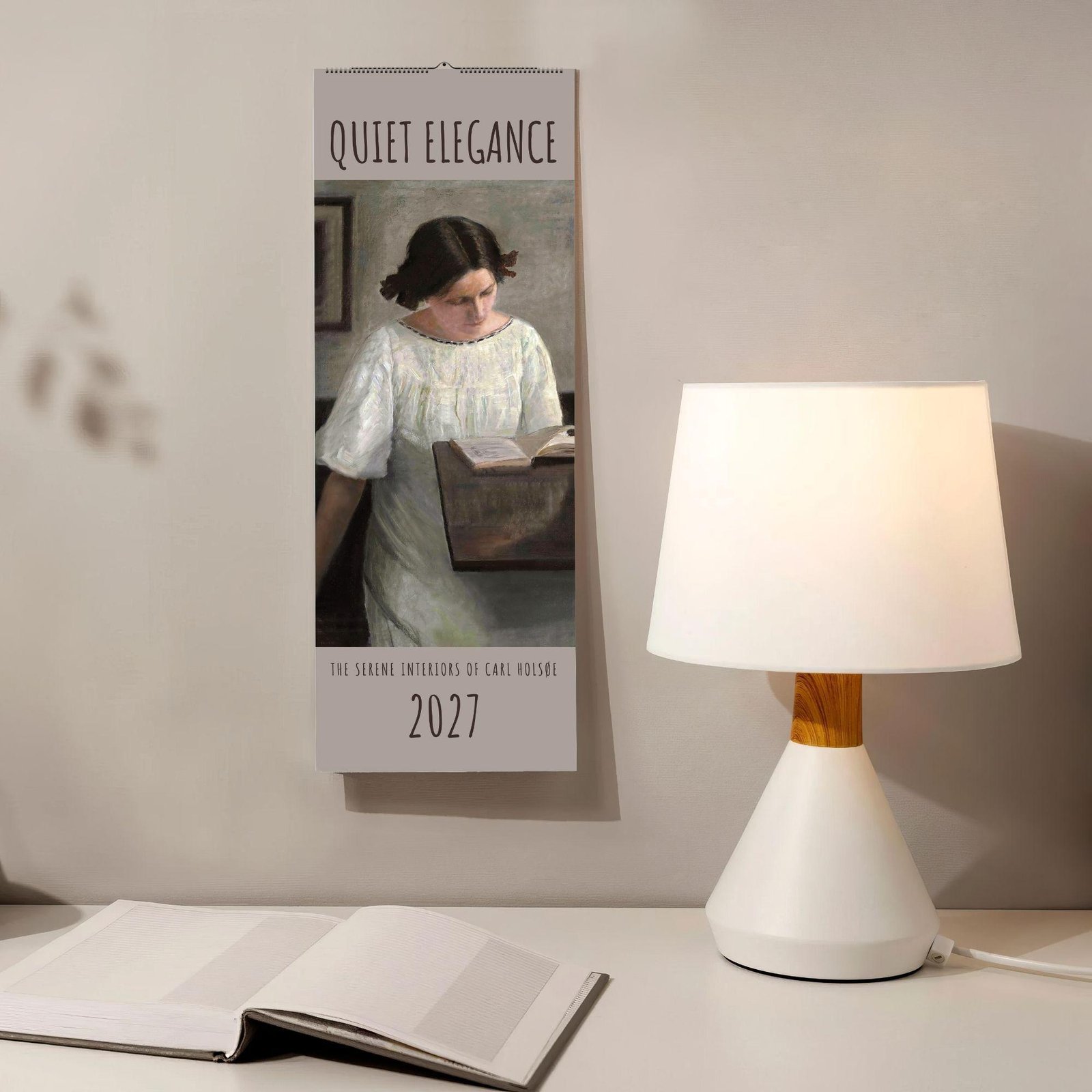 2027 Quiet Elegance Carl Holsøe wall calendar on desk