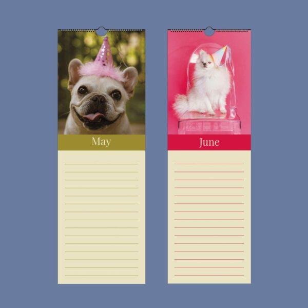 May and June dog calendar pages with party hat pups
