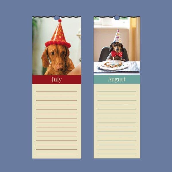July and August wall calendar pages featuring party hat dogs