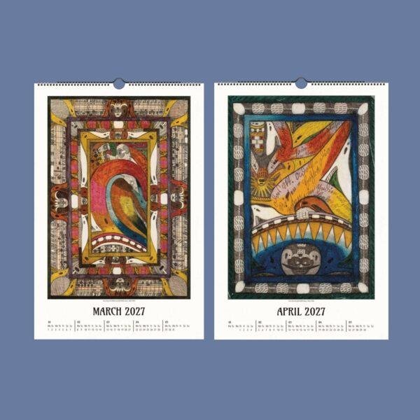 2027 wall calendar showing March and April with folk art illustrations