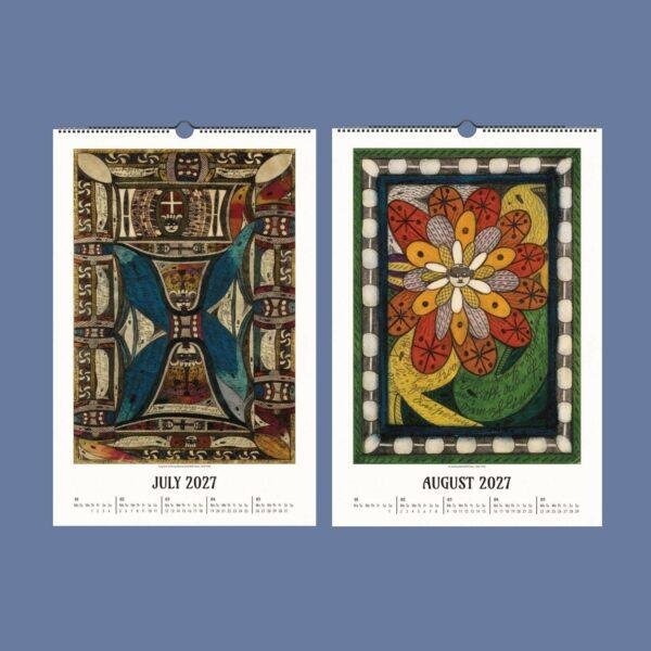 2027 wall calendar featuring folk art illustrations for July and August