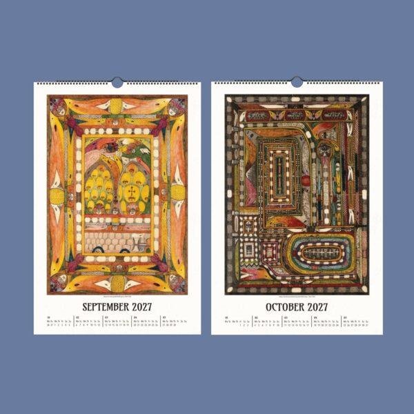 2027 wall calendar showing September and October with colorful artwork