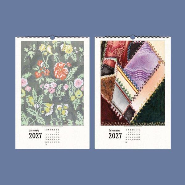 2027 wall calendar showing January floral and February quilt artwork