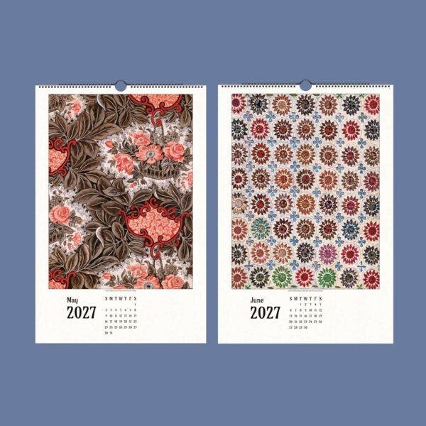 Two decorative wall calendars showing May and June 2027
