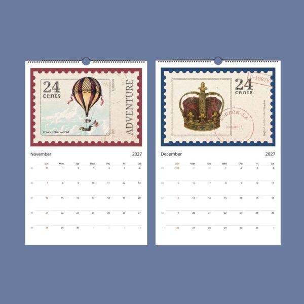 Vintage postage stamp wall calendars for November December 2027