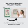 Woman framing vintage postage stamp calendar art on wall