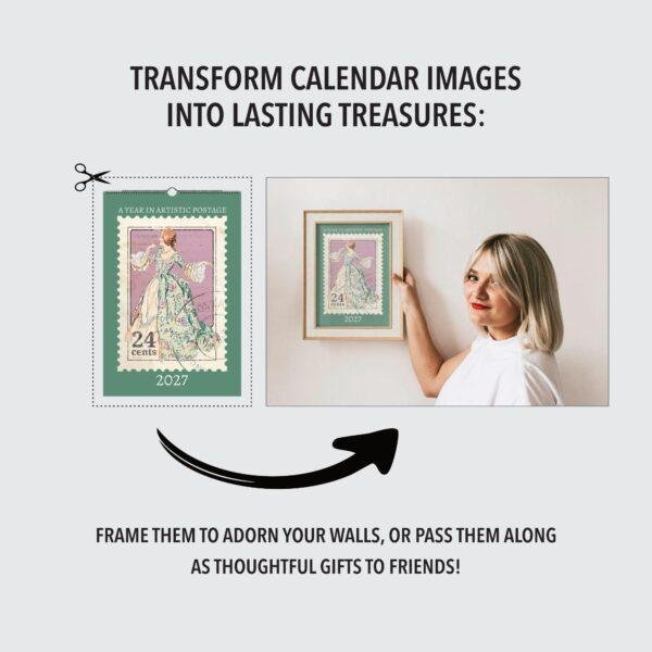 Woman framing vintage postage stamp calendar art on wall