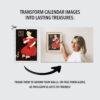 Woman framing Faces of Early America calendar art on wall