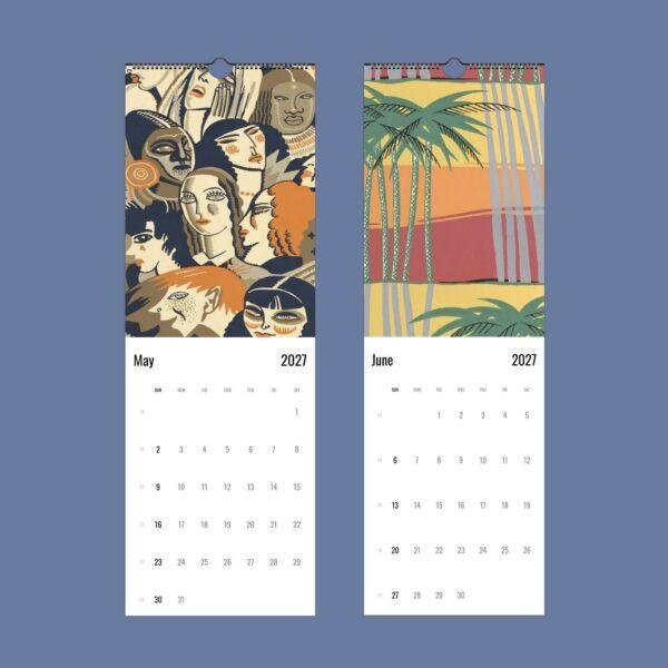 2027 wall calendar showing May and June artistic illustrations