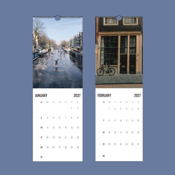 2027 wall calendar showing Amsterdam scenes for January and February