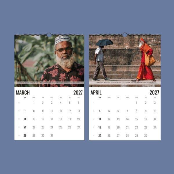 2027 wall calendar showing March and April cultural heritage photos