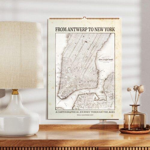 Vintage New York City map wall calendar 2027 on shelf