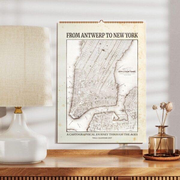 Vintage New York City map wall calendar 2027 on shelf