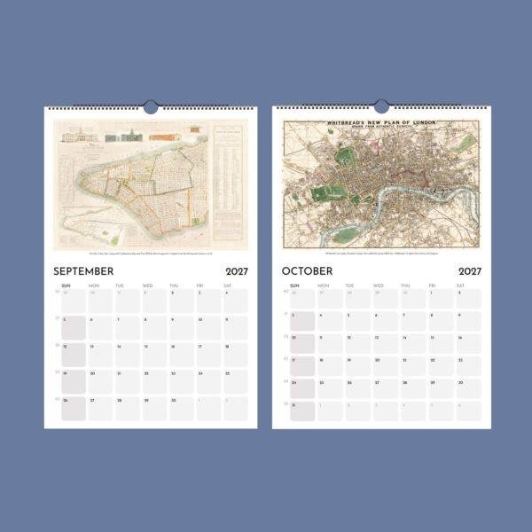 2027 wall calendar featuring vintage maps of New York and London
