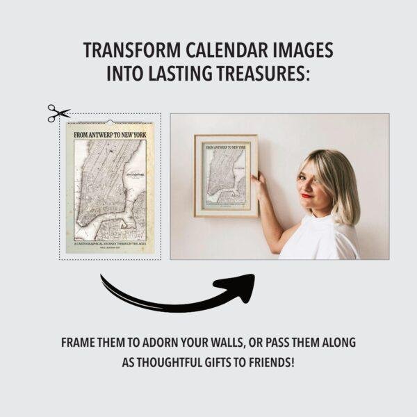 Woman framing vintage New York map cut from calendar