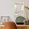 Vintage New York map wall calendar above stylish desk