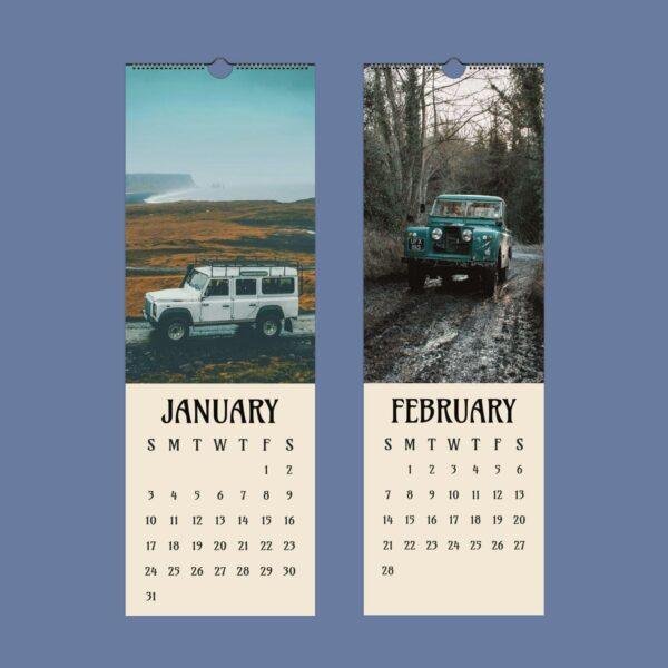 January and February wall calendar featuring Land Rover off-road vehicles
