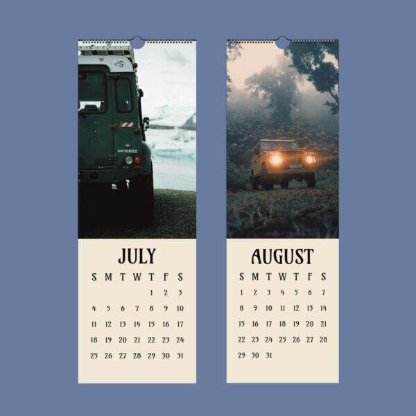 July and August wall calendar pages featuring Land Rover vehicles