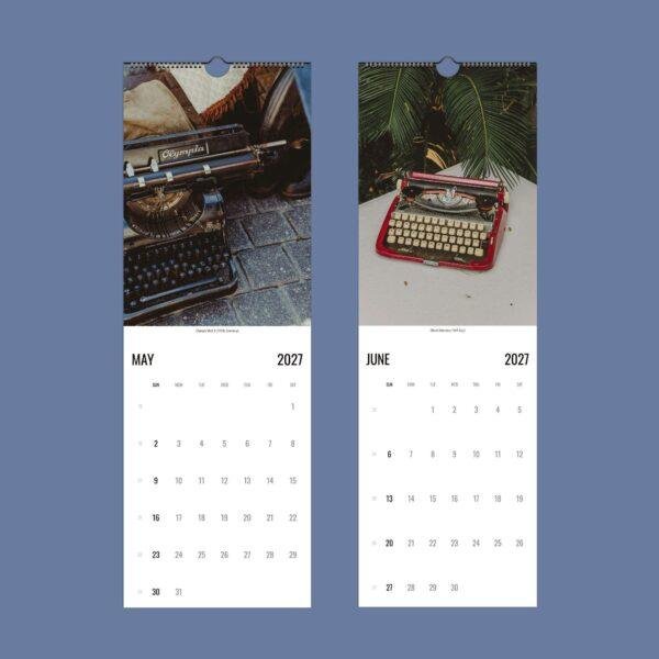 2027 vintage typewriter wall calendar showing May and June