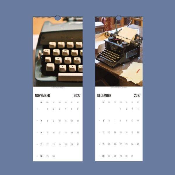 2027 wall calendar featuring vintage typewriters for November December