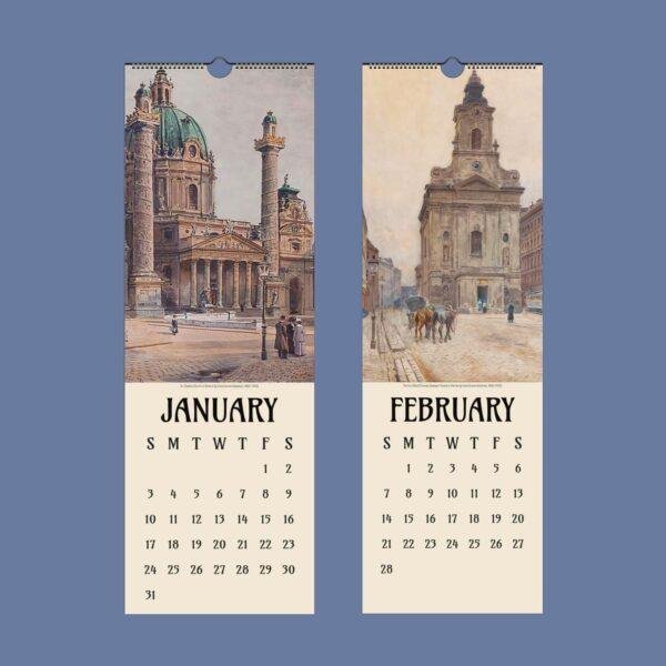 January and February wall calendar with Vienna architectural paintings