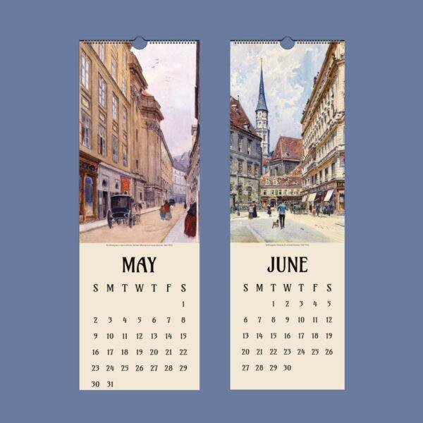 May and June wall calendar pages with Vienna street paintings