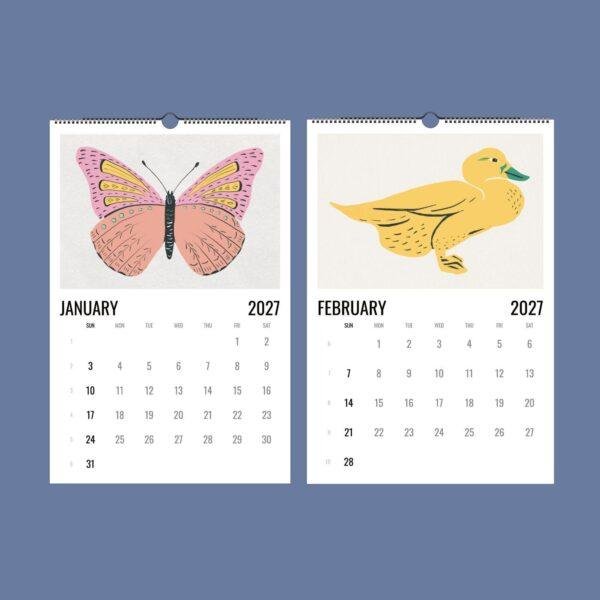 2027 wall calendar January butterfly February duck illustration