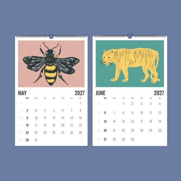 2027 wall calendar showing May bee and June tiger illustrations