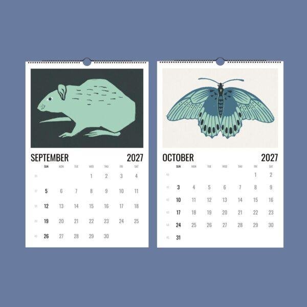 2027 wall calendar showing September rat and October butterfly illustrations