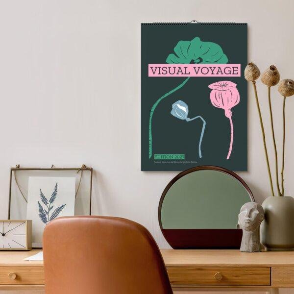 Visual Voyage 2027 wall calendar hanging above stylish desk