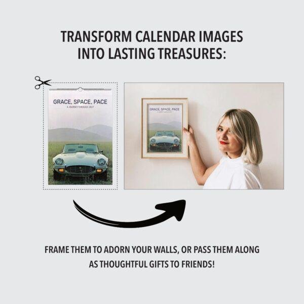 Woman framing a classic car calendar image on wall
