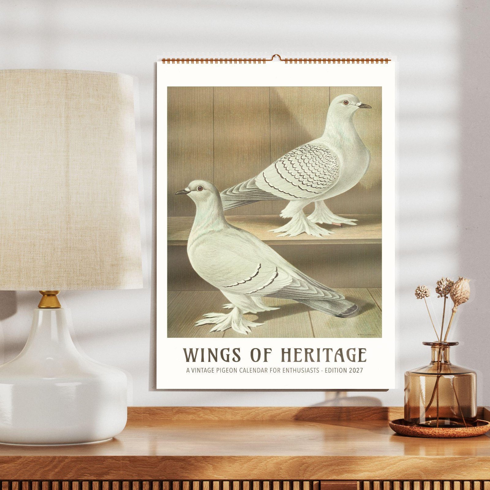 Wings of Heritage vintage pigeon calendar 2027 on shelf