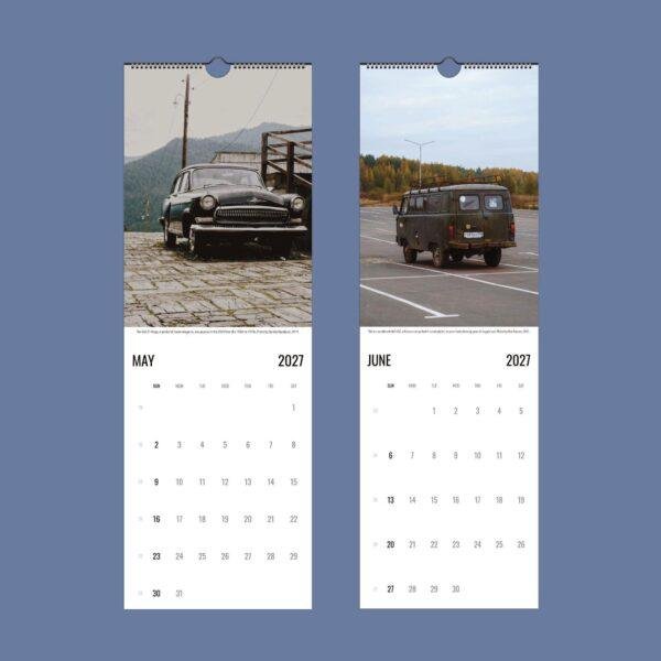 2027 wall calendar featuring vintage Soviet vehicles May June