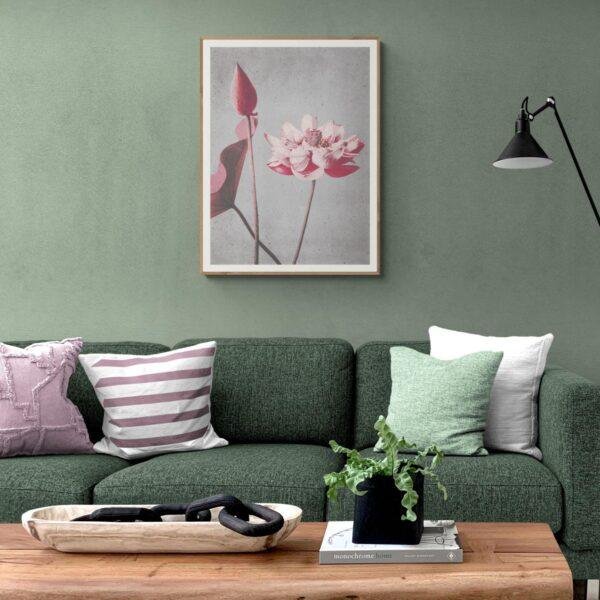 Modern green living room with pink lotus flower wall art