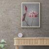 Framed pink lotus flower art print on brick wall