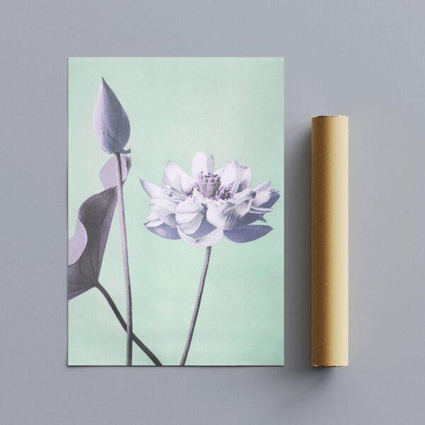 Lotus flower art print with cardboard tube on gray background