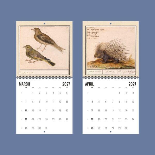 2027 wall calendar featuring vintage nature illustrations of birds and porcupine
