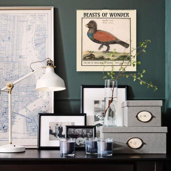 Stylish desk with Beasts of Wonder calendar and vintage decor