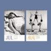 Vintage wall calendar showing July and August beach photos