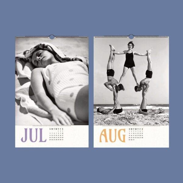 Vintage wall calendar showing July and August beach photos
