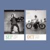 Vintage calendar showing September dancing and October motorcycle photos
