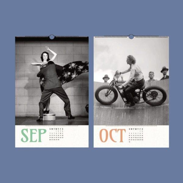 Vintage calendar showing September dancing and October motorcycle photos