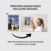 Woman framing Vintage Aussie Oddities 2027 calendar page on wall