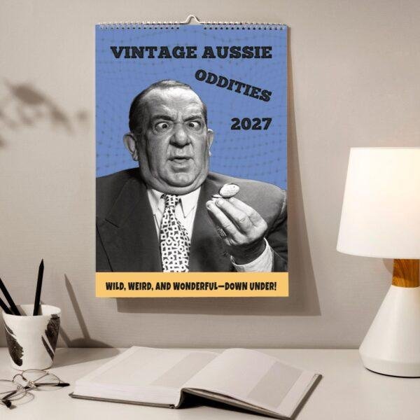 Vintage Aussie Oddities 2027 wall calendar on desk