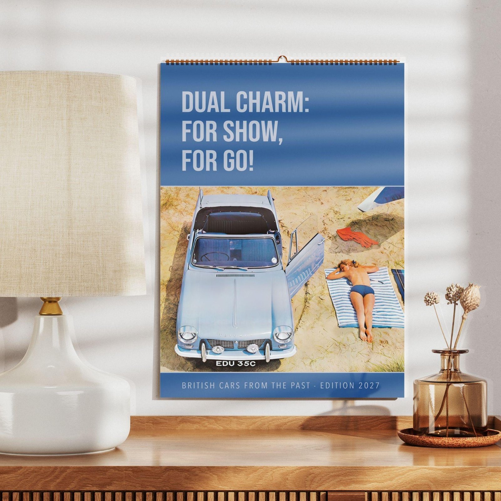 2027 British vintage cars wall calendar on wooden shelf