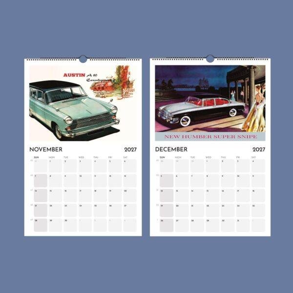 2027 vintage classic car wall calendar November December pages