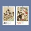 Art Deco wall calendars showing July and August illustrated pages